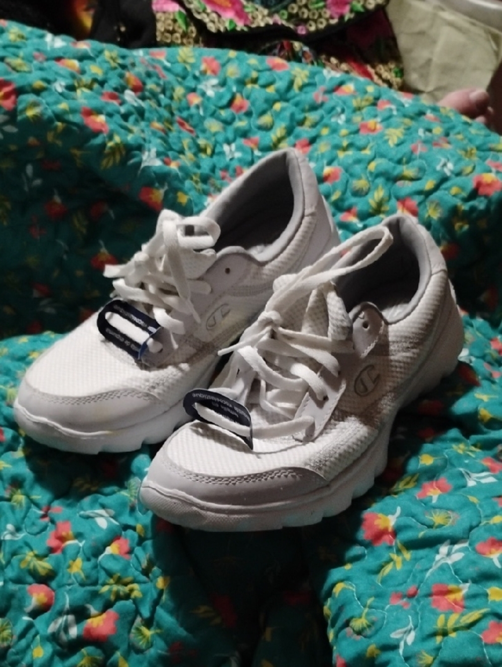 Champion White Lace-Up Running Sneakers with Navy Tags